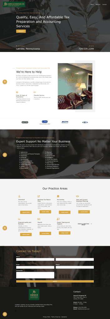 Screenshot of Vance & Company, PC website page designed by Raven Rock Agency showcasing modern layout, improved UX, and professional branding.