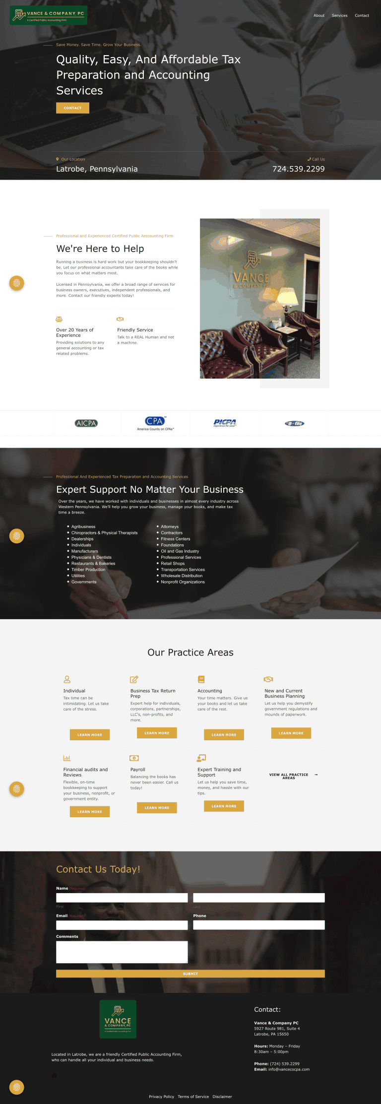 Screenshot of Vance & Company, PC website page designed by Raven Rock Agency showcasing modern layout, improved UX, and professional branding.