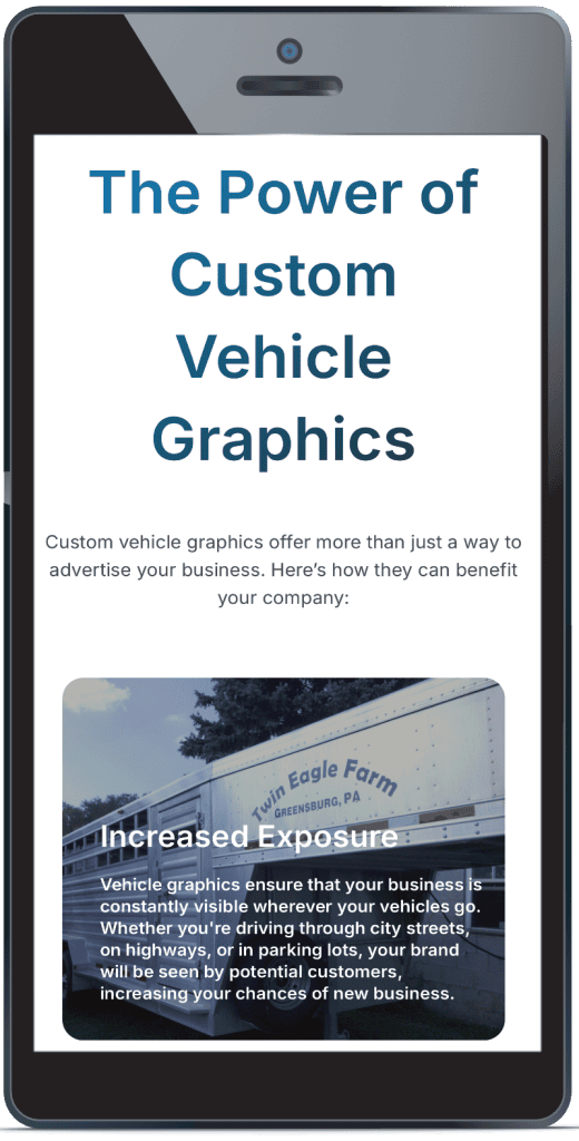 Mobile home page of The Chi Guys' Vehicle Graphic page. Client of Raven Rock Agency. Contact us today!