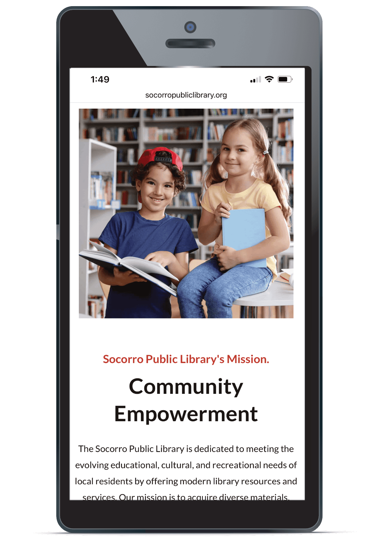 Mobile image of Socorro Public Library's Mission statement and kids at library. They are a website client of Raven Rock Agency. Receive marketing services as well.