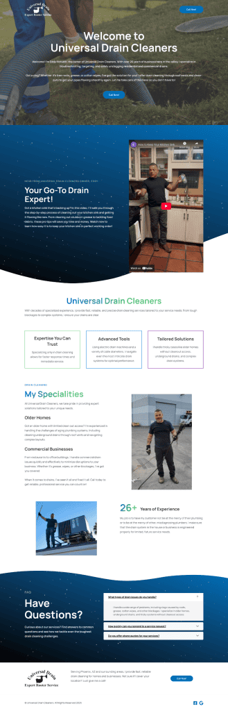 Screenshot of Universal Drain Cleaners one-page website designed by Raven Rock Agency featuring responsive layout and local SEO optimization.