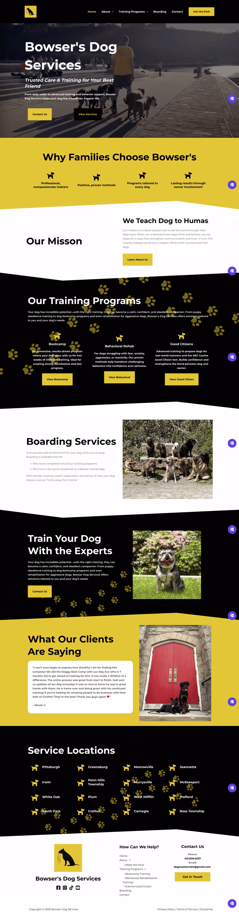 Screenshot of Bowser’s Dog Services website page designed by Raven Rock Agency featuring pet care services, playful branding, and user-friendly layout.